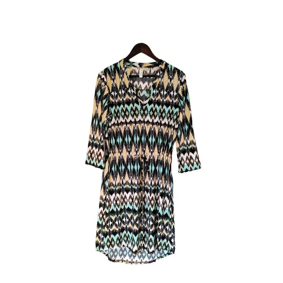 Tacera Abstract Diamond Print Multicolor Mini Dress Jersey V-Neck 3/4 Sleeve M - Picture 2 of 7